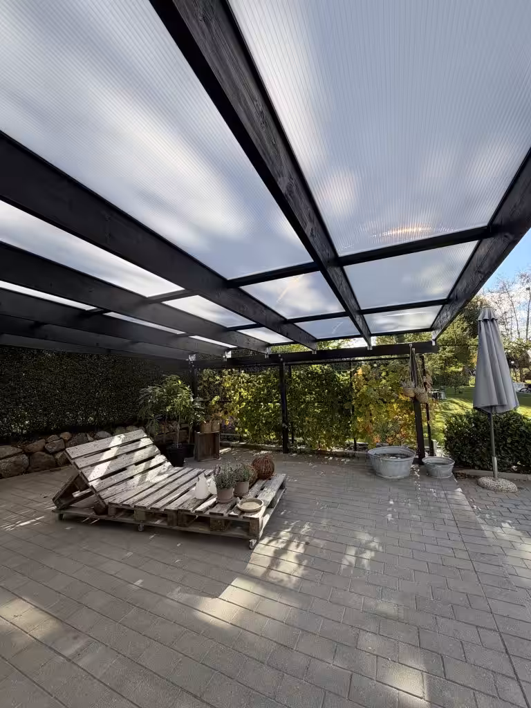 En overdækket terrasse med termotag og sorte profiler fra Holmegaard Plast